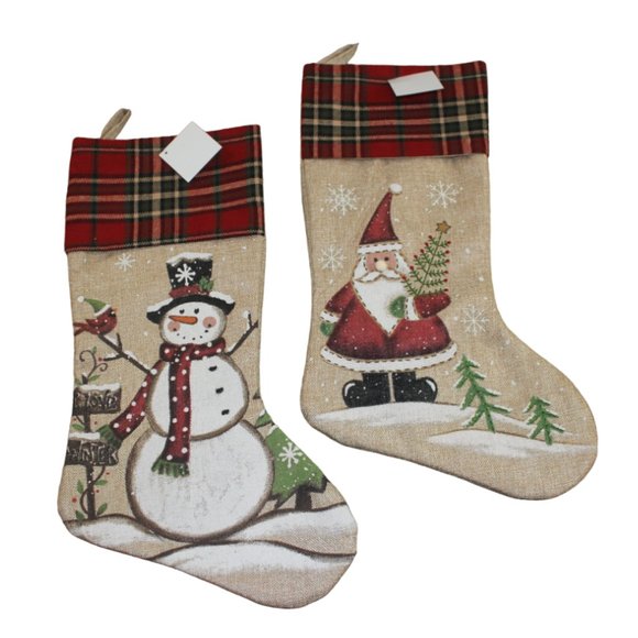 Hobby Lobby Holiday Hobby Lobby Santa Claus Snowman Tan Red Plaid Rustic Christmas Stocking